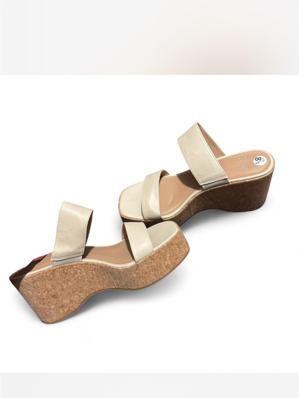 crown & ivy Cream Double-Strap Cork Wedge Sandals